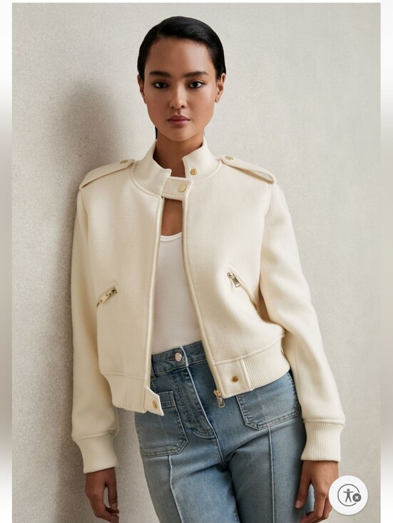 Reiss Jackets & Blazers - New. No Tag, Epaulette Bomber Jacket Cream with Gold Hardware, Brush Wool.